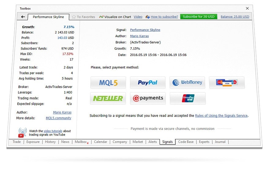 有料のトレードシグナルに対する支払いは、MQL5.comのアカウントを介してや、人気の支払いシステムを使って直接行うことができます。